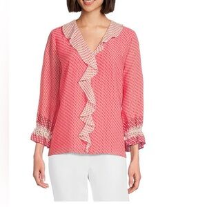 Investments Vibrant Pink Blouse with White Ruffle Trim